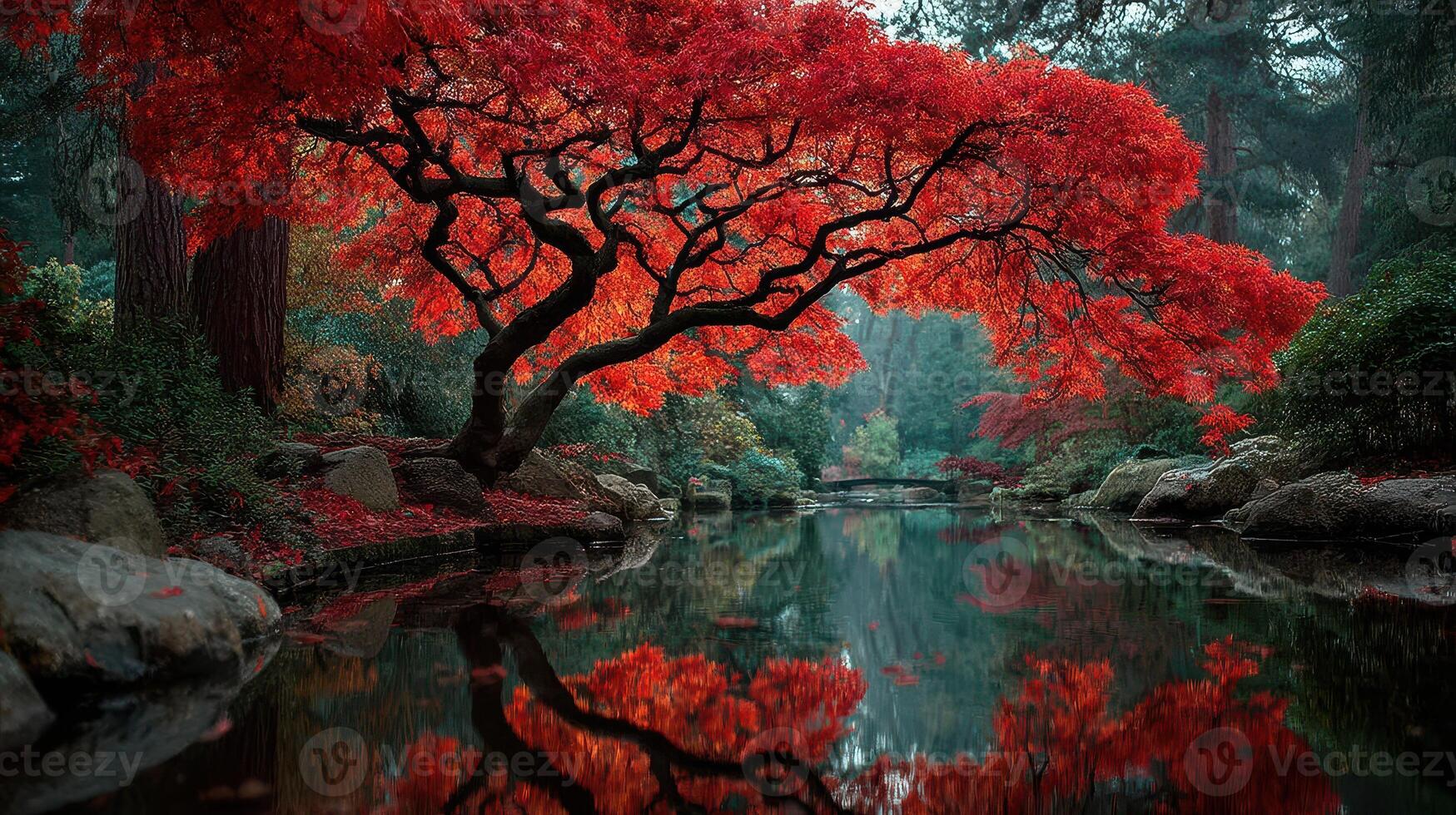 Beautiful autumn landscape with vibrant red maple trees reflecting in a calm pond surrounded by greenery photo