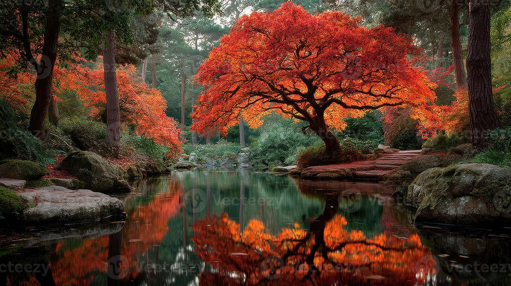 Vibrant autumn scene with red-leafed tree reflected in tranquil pond at serene garden photo