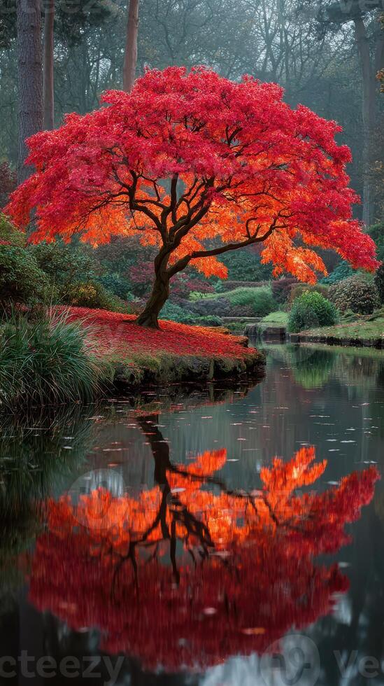 Vibrant autumn foliage by a tranquil pond in a peaceful garden during early morning light photo