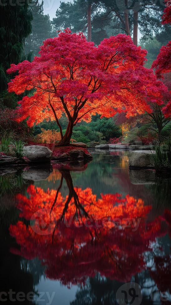 Vibrant autumn foliage reflected in tranquil water at a serene garden setting photo