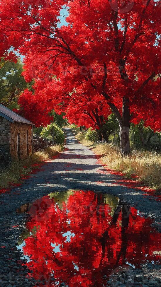 Vibrant red trees line the tranquil path reflecting in the water on a bright autumn day photo