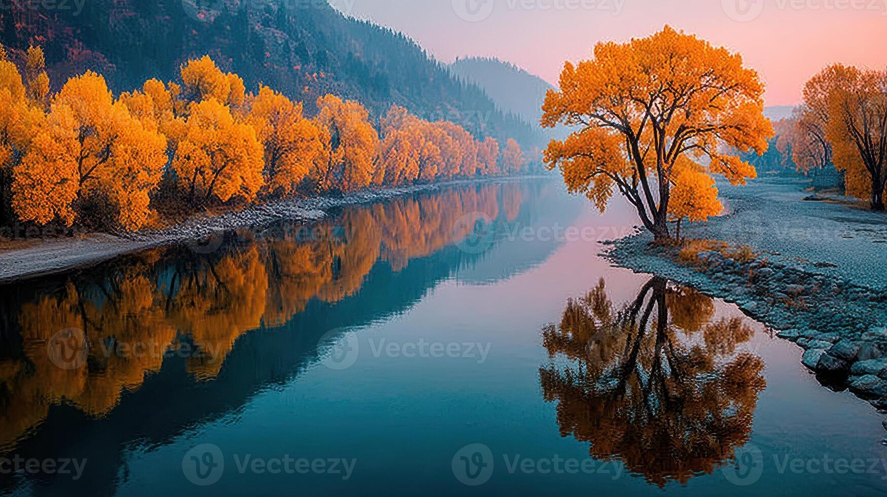 Autumn trees reflect in calm river at sunrise near mountains in serene landscape photo