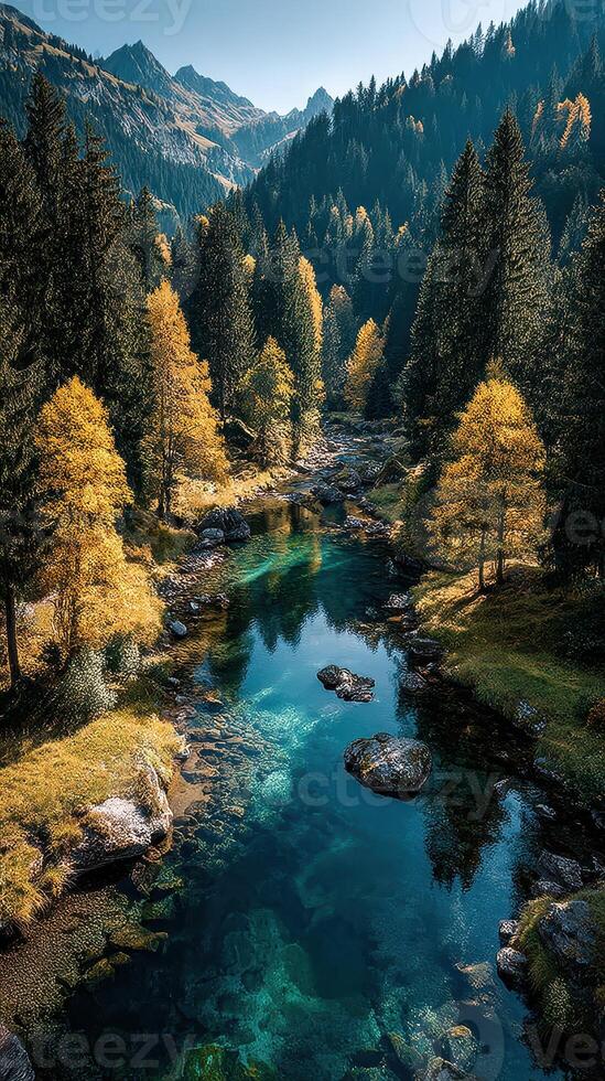 Reflections of autumn colors in a serene alpine river surrounded by towering mountains photo