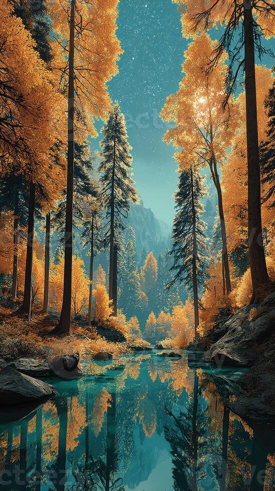 Vibrant autumn forest reflecting in tranquil water under starry sky at twilight photo