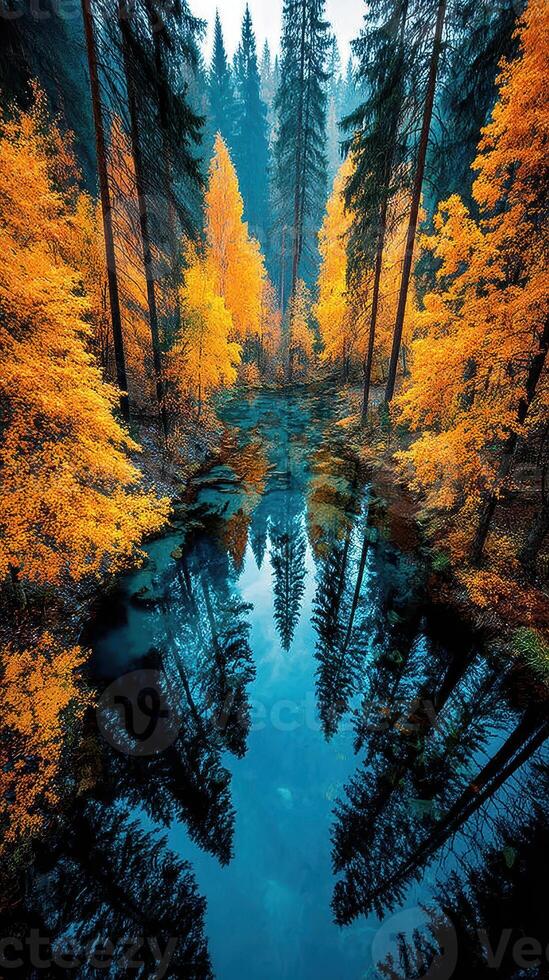 Vibrant autumn forest reflecting in a tranquil lake surrounded by towering trees and colorful foliage photo
