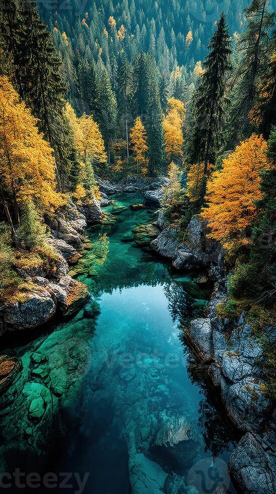 Stunning autumn landscape featuring a serene river surrounded by colorful trees in a mountainous region photo