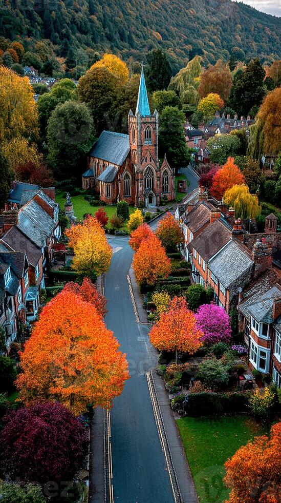 Vibrant autumn colors illuminate a quaint village street with historic church in the background photo