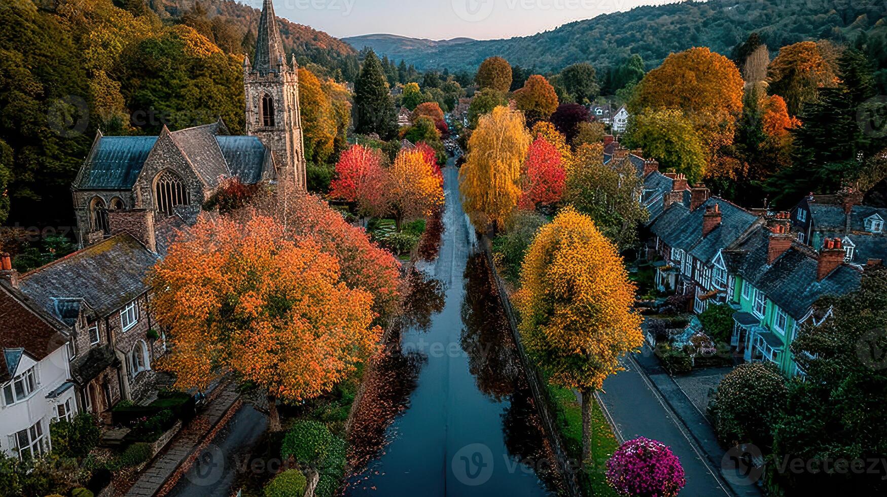 Charming autumn view over a canal in a picturesque village surrounded by trees and a historic church photo