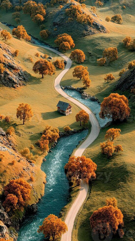 Winding river through autumn landscape with wooden cabin in serene countryside setting photo