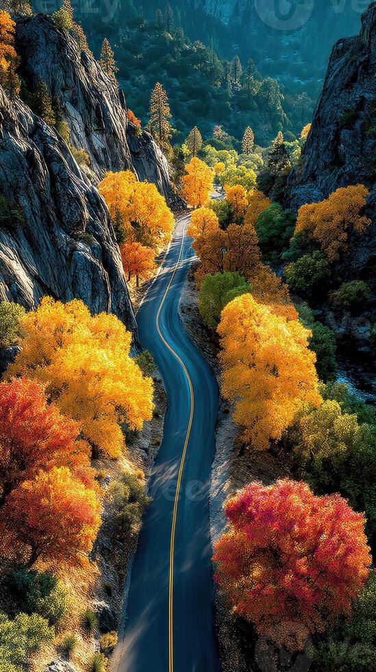 Vibrant autumn colors illuminate a winding road through rocky canyons in a serene landscape photo