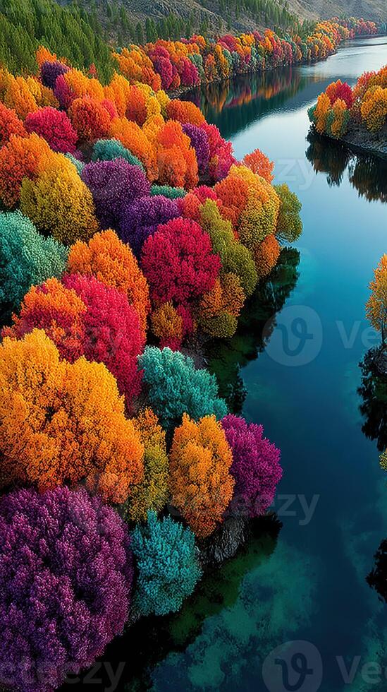 Vibrant autumn landscape with colorful trees lining a shimmering river photo