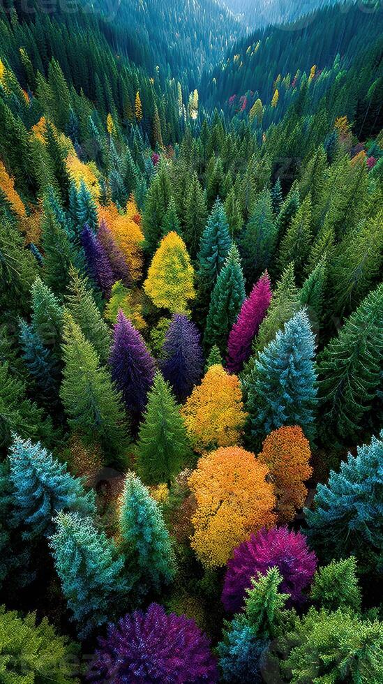 Vibrant autumn landscape showcasing diverse tree colors in a lush forest setting during the fall season photo