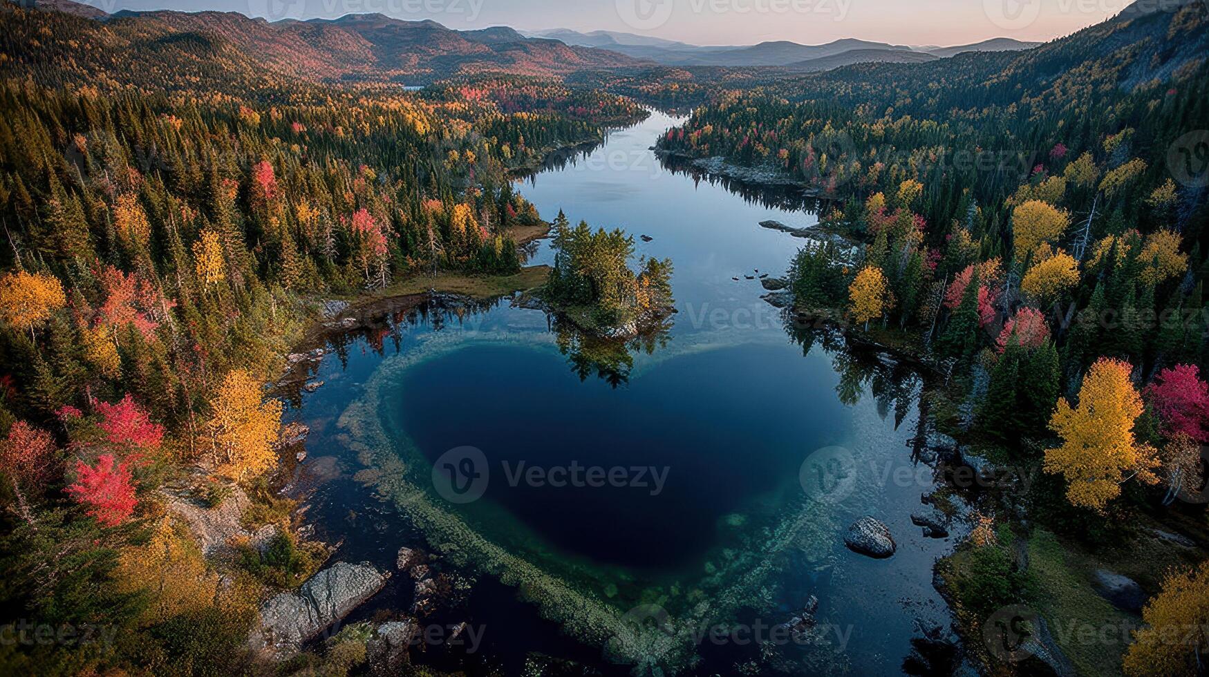 Heart-shaped lake surrounded by vibrant autumn foliage in a mountainous landscape at sunset photo