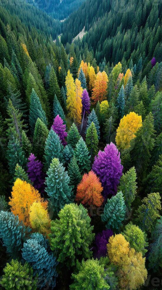 Vibrant autumn foliage in a dense forest showcasing diverse tree colors and textures at peak season photo