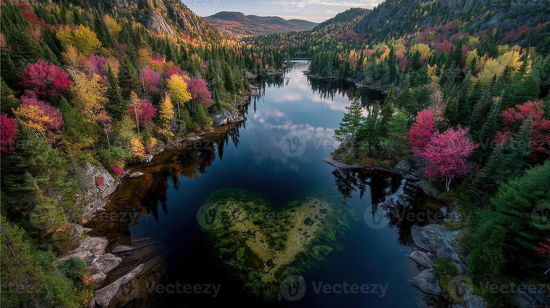 Stunning heart-shaped rock formation in serene lake surrounded by colorful autumn foliage at sunset photo