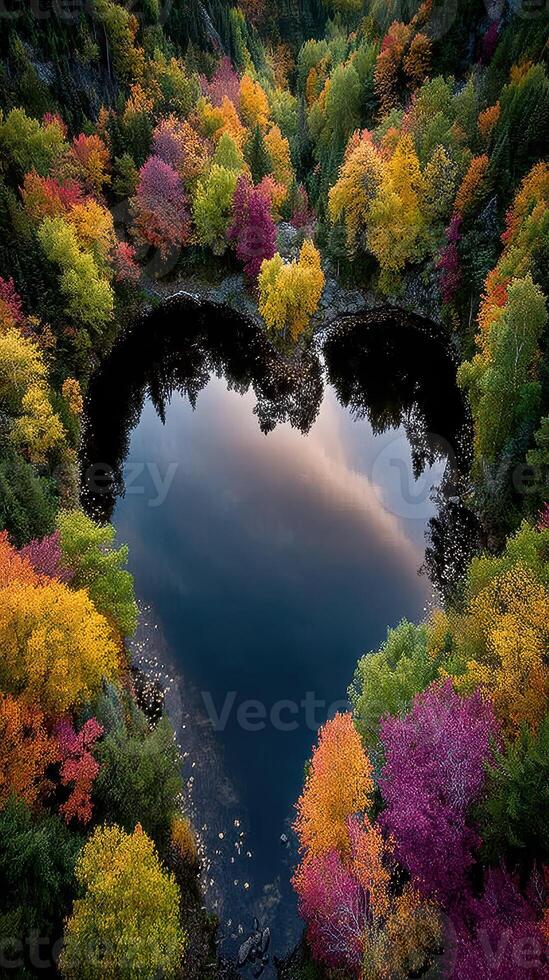 Heart-shaped lake surrounded by vibrant autumn foliage in a tranquil forest setting photo