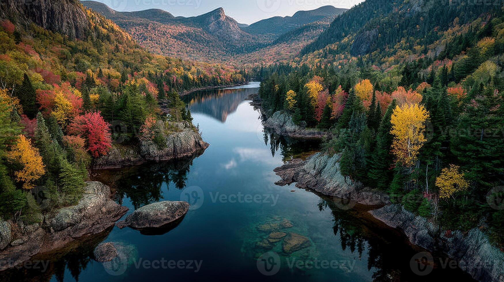 Autumn colors reflect on still waters in a serene mountain valley during sunset photo