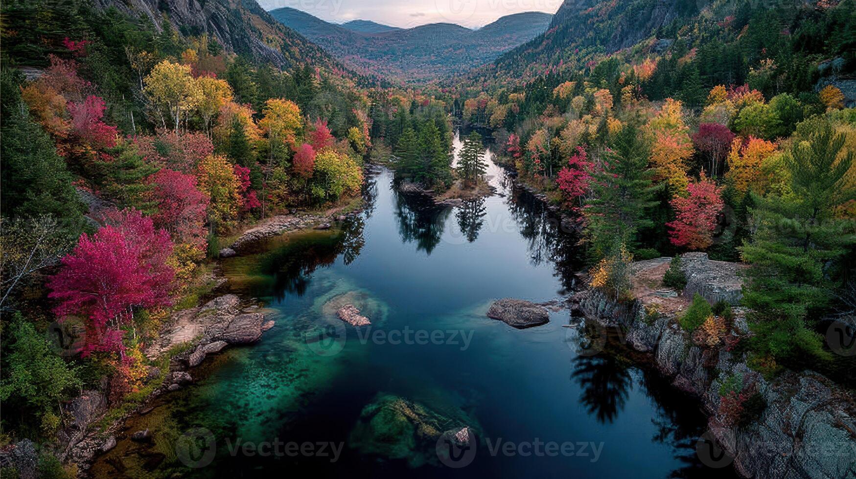 Colorful autumn landscape with rivers and mountains in a serene natural setting during late afternoon photo