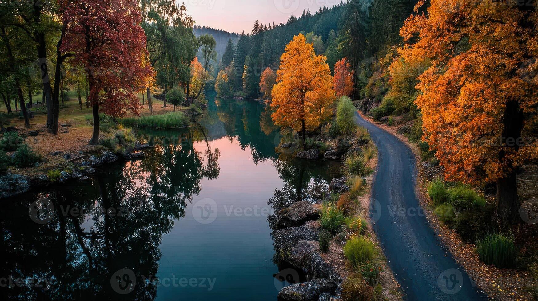Autumn landscape with colorful trees and serene water reflecting the vibrant foliage at sunset photo