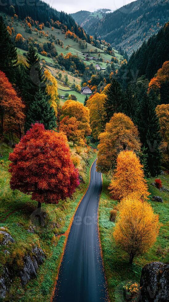 Colorful autumn landscape with winding road and vibrant trees in a serene valley photo