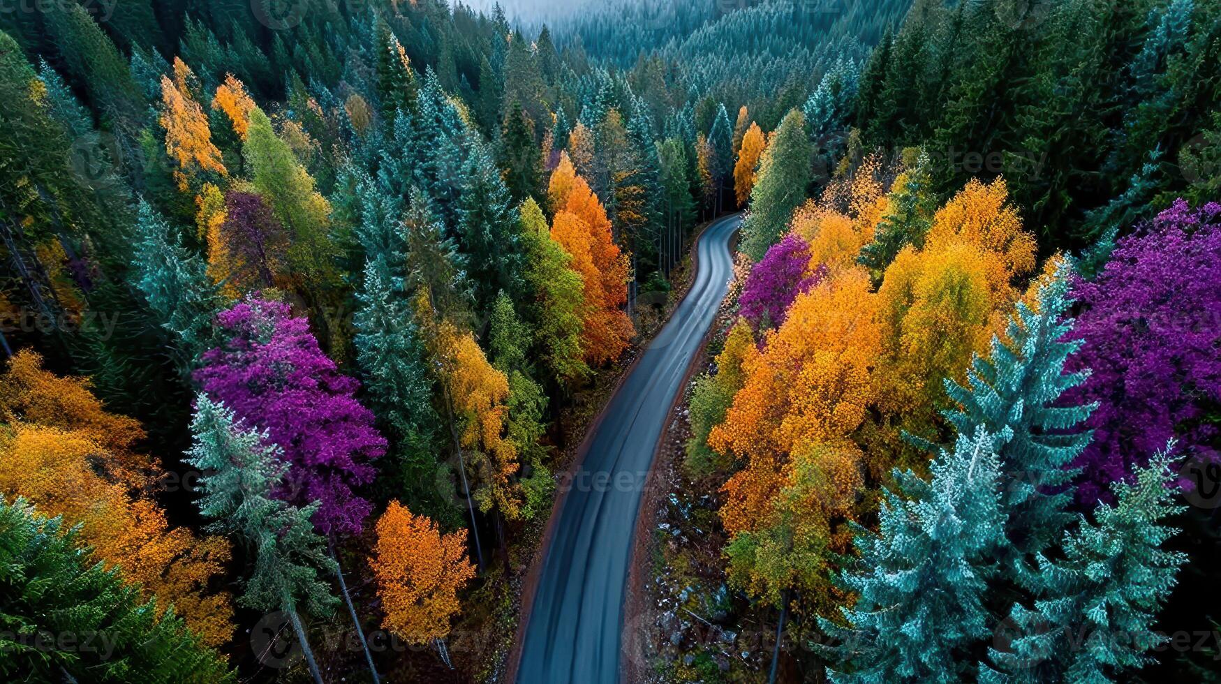Stunning autumn colors enhance winding road through forest in regional park photo