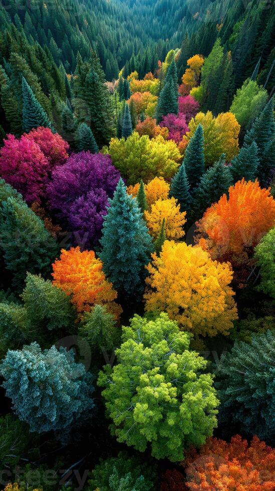 Vivid autumn foliage covers a forest in a stunning array of colors amidst tall evergreen trees on a clear day photo