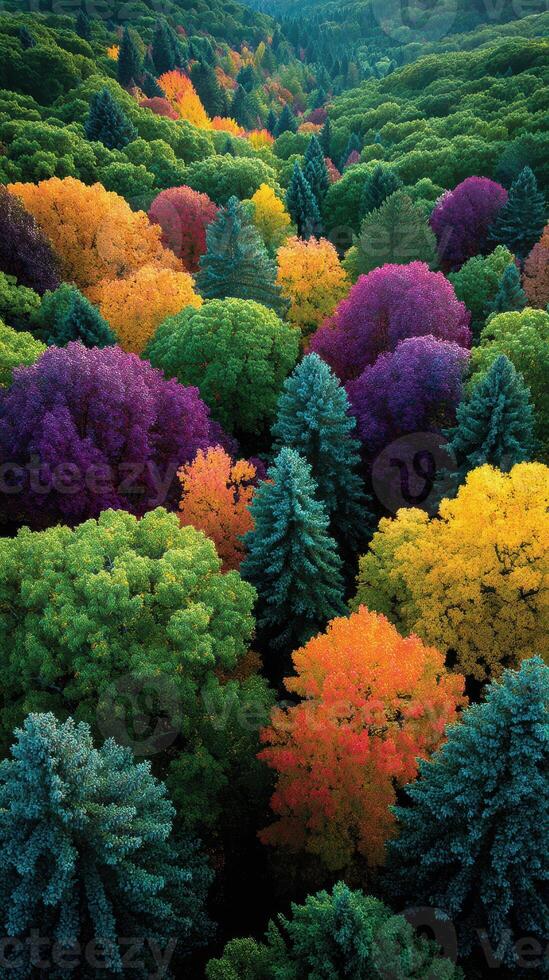 Vibrant autumn landscape showcasing colorful trees in a forest during a sunny afternoon photo