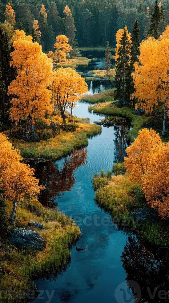 Autumn foliage reflects in serene river surrounded by vibrant trees at dawn in a tranquil forest landscape photo