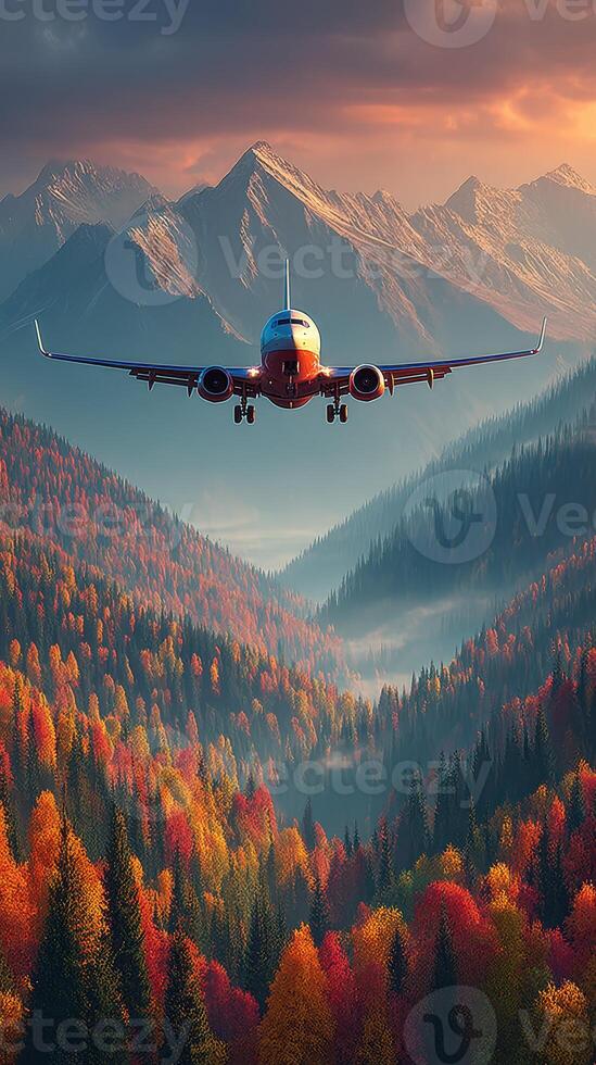 Aircraft flying over a colorful autumn landscape with mountains in the background at sunset photo