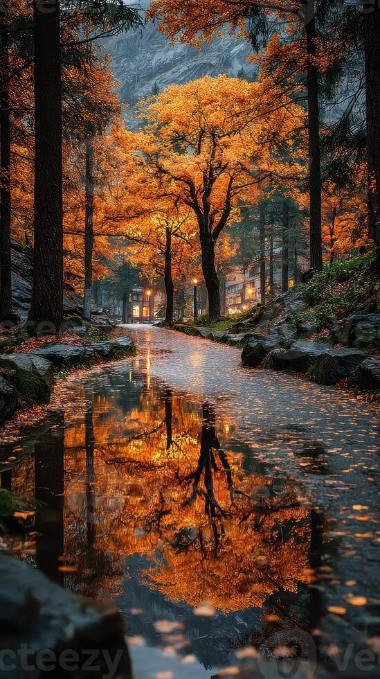 Vibrant autumn reflections along a tranquil stream in a serene forest setting during early evening photo