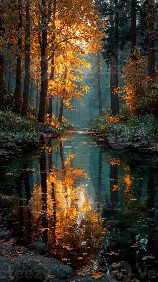 Autumn foliage reflecting in a tranquil river surrounded by towering trees in a peaceful forest setting photo