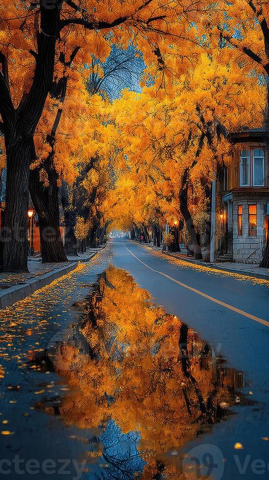 Colorful autumn trees create a vibrant canopy over a quiet street at dusk photo