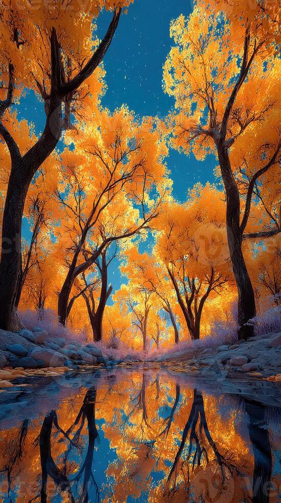 Vibrant autumn trees reflecting in a calm stream under a clear blue sky at dusk photo