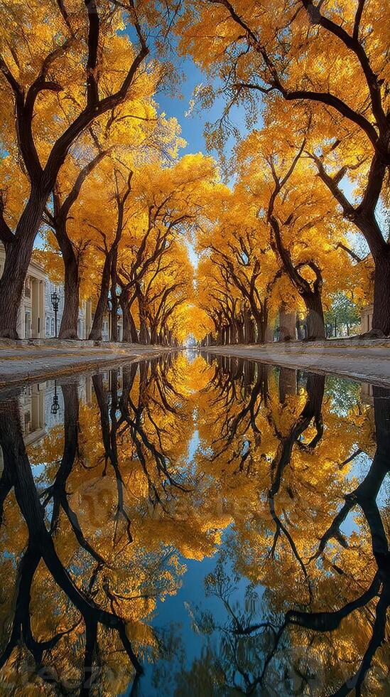 Golden autumn leaves reflect in tranquil water along a tree-lined pathway photo