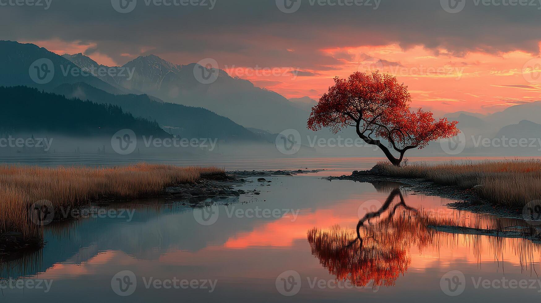 Vibrant sunset over a tranquil lake with a solitary tree and mountains in the distance photo