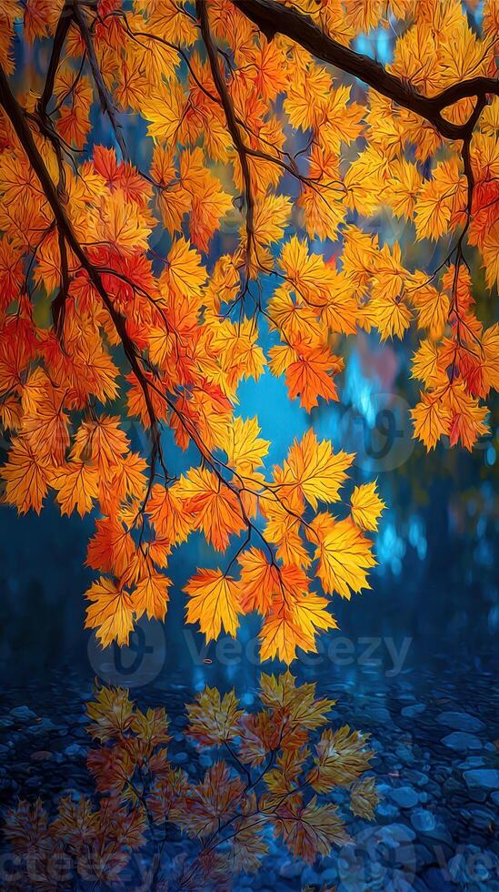 Autumn leaves reflect on calm water under a clear sky during late afternoon in a tranquil forest setting photo