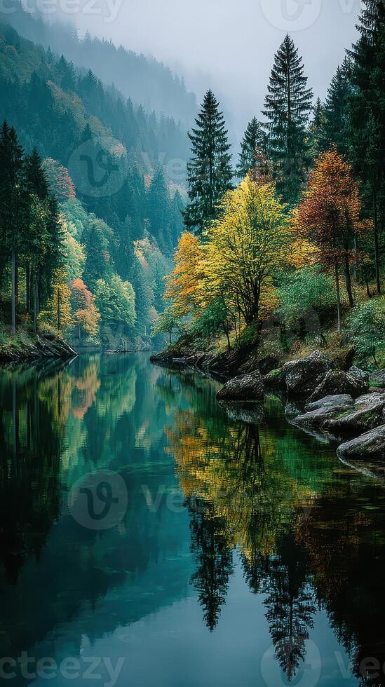 Serene forest landscape reflected in calm river during autumn in a misty environment photo