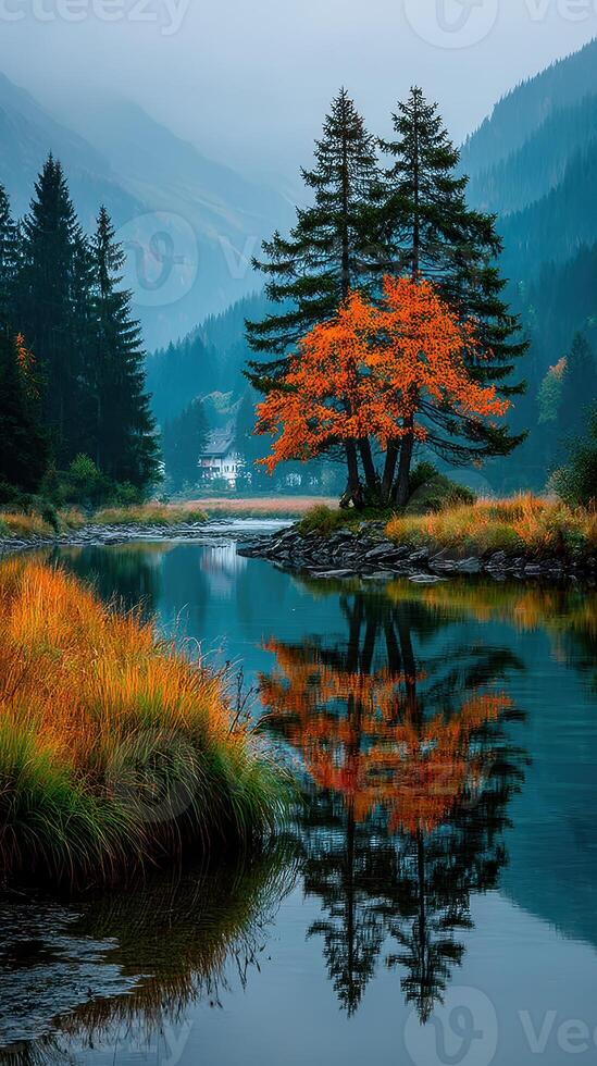 Autumn reflections in a serene mountain landscape with vibrant trees and calm waters photo