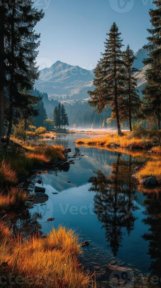 Scenic river and autumn foliage reflecting mountains under clear blue sky in a serene landscape at dawn photo