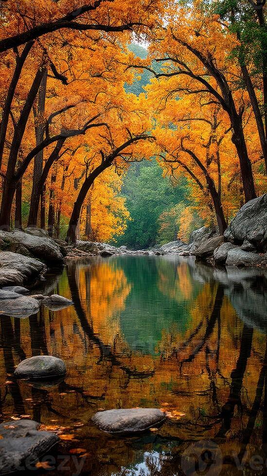 Colors of autumn create a stunning view along the riverbank surrounded by trees in a tranquil forest setting photo