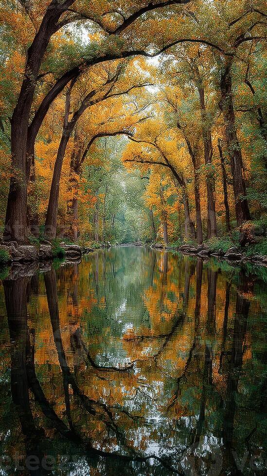 Autumn colors reflect in still water of serene forest river during early morning hours photo
