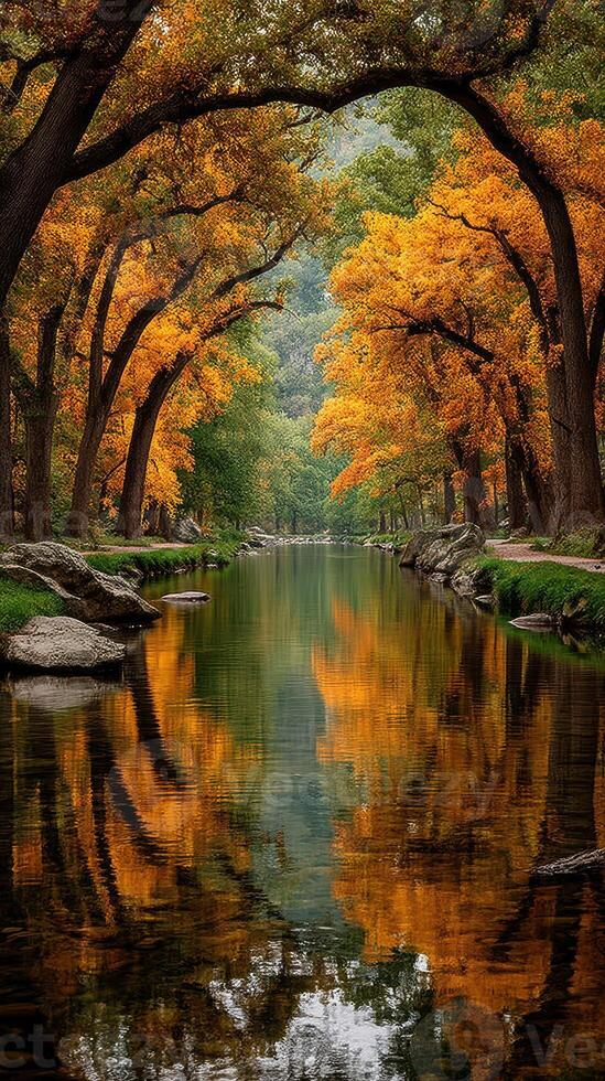 Autumn trees line a serene river reflecting vibrant colors in a peaceful landscape photo