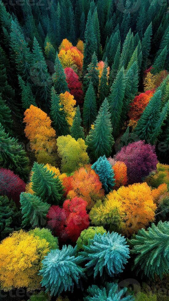 Vibrant autumn forest with a mix of colorful foliage and evergreen trees in a remote location photo