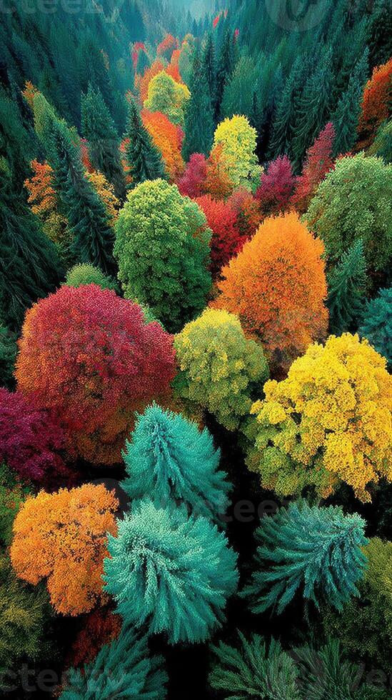Vibrant autumn forest showcasing colorful trees in transition from summer to fall in a serene natural setting photo