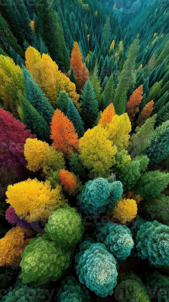 Vibrant autumn forest with diverse tree colors captured from above during daylight photo