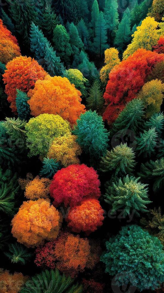 Bright autumn foliage covers a forested hillside in a vibrant display of colors during the fall season photo