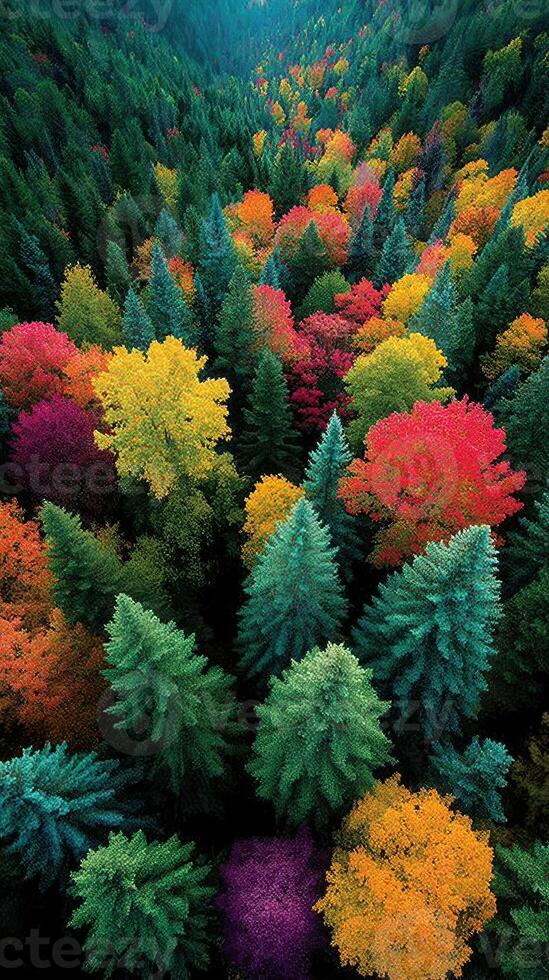 Vibrant autumn colors create a stunning tapestry in a dense forest during the fall season in North America photo