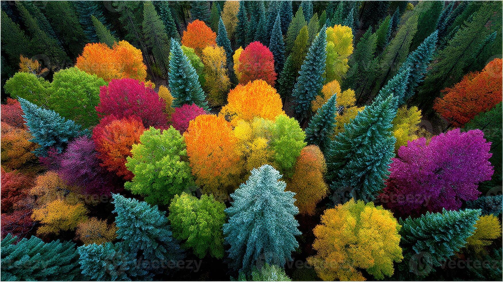 Vibrant autumn foliage in a forest seen from above with a mix of colorful trees during fall photo