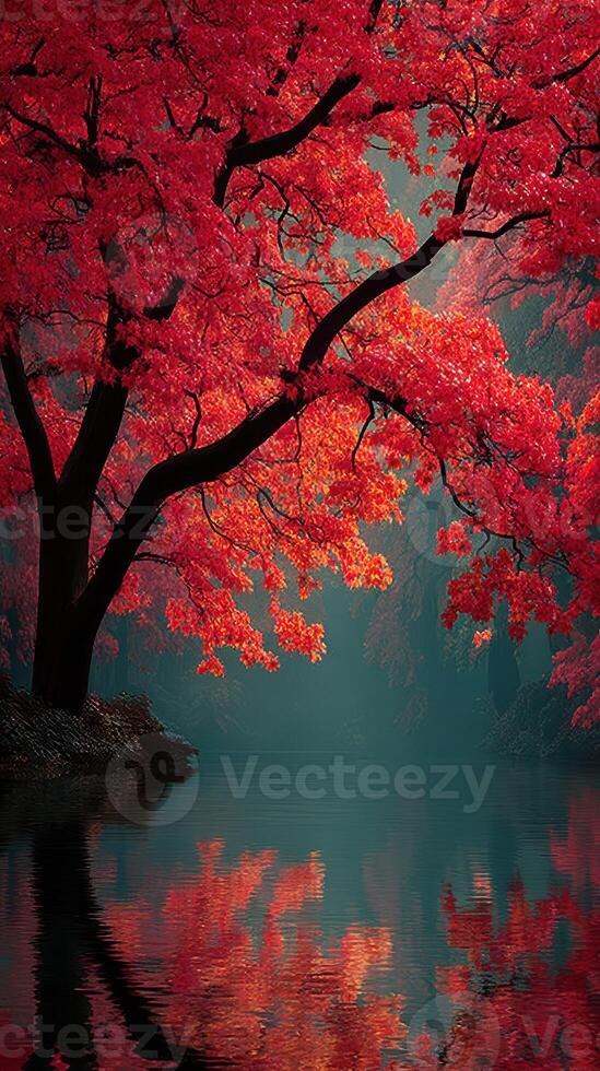 Vibrant red maple tree reflecting in serene water at dawn in a tranquil forest setting photo