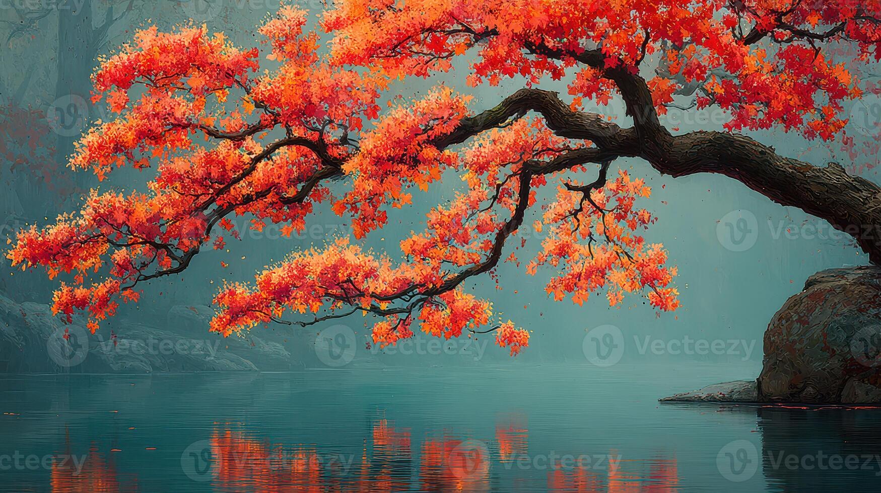Vibrant red maple tree over serene lake during autumn morning light with mist rising photo